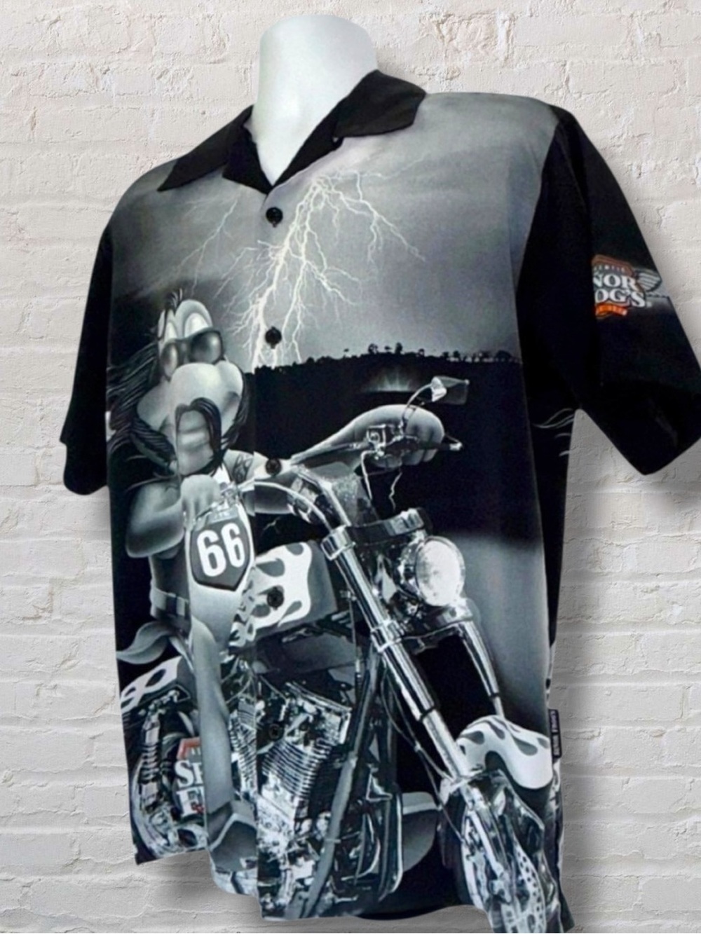 Señor Frog’s Route 66 Motorcycle Shirt-L | Lightning Graphic Novelty Button-Up